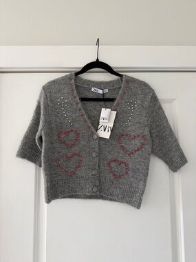 ZARA Gray Cropped Cardigan with Pink Beaded Hearts